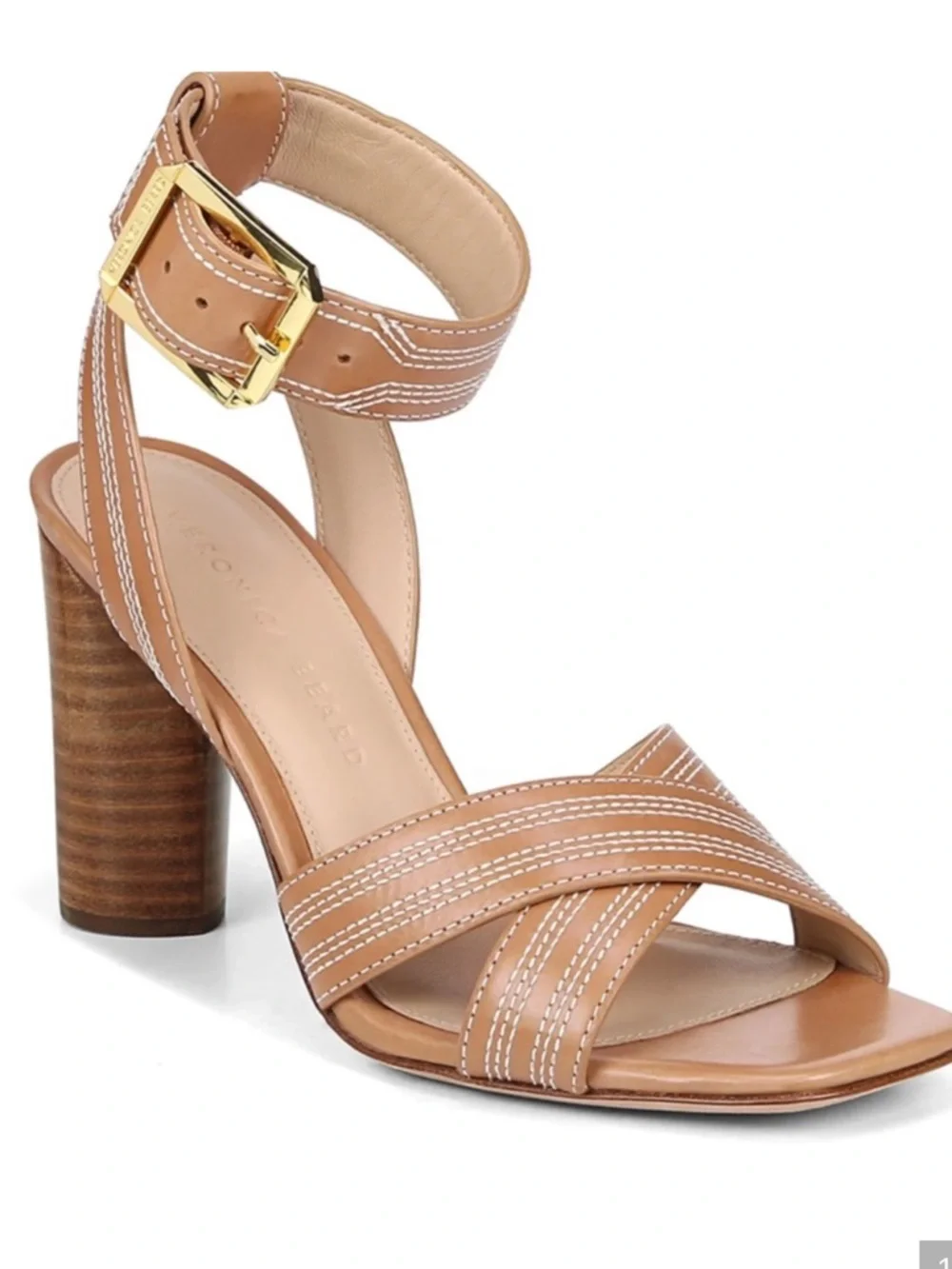 Veronica Beard Tan Leather Block-Heel Sandals with Gold Buckle - Picture 3 of 11